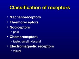 Classification of receptors
• Mechanoreceptors
• Thermoreceptors
• Nociceptors
• pain
• Chemoreceptors
• taste, smell, visceral
• Electromagnetic receptors
• visual
 