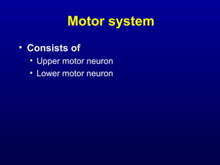 Motor system
• Consists of
• Upper motor neuron
• Lower motor neuron
 