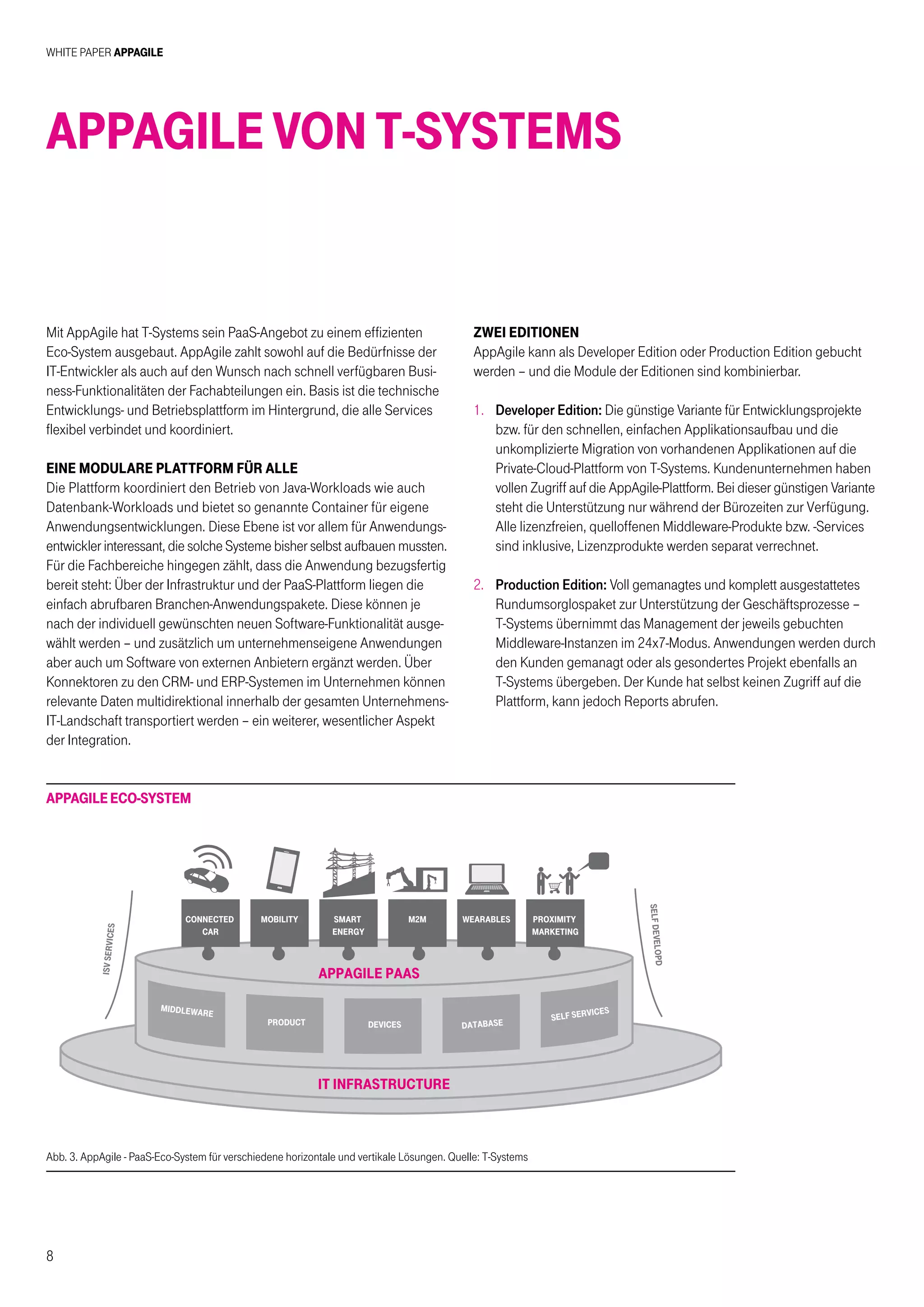 White Paper AppAgile
8
Appagile von T-Systems
Mit AppAgile hat T-Systems sein PaaS-Angebot zu einem effizienten
Eco-System ausgebaut. AppAgile zahlt sowohl auf die Bedürfnisse der
IT-Entwickler als auch auf den Wunsch nach schnell verfügbaren Busi-
ness-Funktionalitäten der Fachabteilungen ein. Basis ist die technische
Entwicklungs- und Betriebsplattform im Hintergrund, die alle Services
flexibel verbindet und koordiniert.
EINE MODULARE PLATTFORM FÜR ALLE
Die Plattform koordiniert den Betrieb von Java-Workloads wie auch
Datenbank-Workloads und bietet so genannte Container für eigene
Anwendungsentwicklungen. Diese Ebene ist vor allem für Anwendungs-
entwickler interessant, die solche Systeme bisher selbst aufbauen mussten.
Für die Fachbereiche hingegen zählt, dass die Anwendung bezugsfertig
bereit steht: Über der Infrastruktur und der PaaS-Plattform liegen die
einfach abrufbaren Branchen-Anwendungspakete. Diese können je
nach der individuell gewünschten neuen Software-Funktionalität ausge-
wählt werden – und zusätzlich um unternehmenseigene Anwendungen
aber auch um Software von externen Anbietern ergänzt werden. Über
Konnektoren zu den CRM- und ERP-Systemen im Unternehmen können
relevante Daten multidirektional innerhalb der gesamten Unternehmens-
IT-Landschaft transportiert werden – ein weiterer, wesentlicher Aspekt
der Integration.
ZWEI EDITIONEN
AppAgile kann als Developer Edition oder Production Edition gebucht
werden – und die Module der Editionen sind kombinierbar.
1.	 Developer Edition: Die günstige Variante für Entwicklungsprojekte
bzw. für den schnellen, einfachen Applikationsaufbau und die
unkomplizierte Migration von vorhandenen Applikationen auf die
Private-Cloud-Plattform von T-Systems. Kundenunternehmen haben
vollen Zugriff auf die AppAgile-Plattform. Bei dieser günstigen Variante
steht die Unterstützung nur während der Bürozeiten zur Verfügung.
Alle lizenzfreien, quelloffenen Middleware-Produkte bzw. -Services
sind inklusive, Lizenzprodukte werden separat verrechnet.
2.	Production Edition: Voll gemanagtes und komplett ausgestattetes
Rundumsorglospaket zur Unterstützung der Geschäftsprozesse –
T-Systems übernimmt das Management der jeweils gebuchten
Middleware-Instanzen im 24x7-Modus. Anwendungen werden durch
den Kunden gemanagt oder als gesondertes Projekt ebenfalls an
T-Systems übergeben. Der Kunde hat selbst keinen Zugriff auf die
Plattform, kann jedoch Reports abrufen.
AppAgileEco-System
isvservices
appagile paas
selfdevelopd
middleware
product devices database
self services
it infrastructure
connected
car
mobility smart
energy
wearablesm2m proximity
marketing
Abb. 3. AppAgile - PaaS-Eco-System für verschiedene horizontale und vertikale Lösungen. Quelle: T-Systems
 