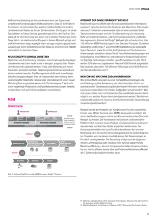 White Paper AppAgile
11
Mit Proximity Marketing als Inhouse-Analyse kann der Supermarkt
vordefinierte Kundengruppen direkt ansprechen. Etwa für die Filiale im
Touristenort ist sofort erkennbar, welche mobilen Geräte eine andere
Landeskennzahl haben als die der Einheimischen. Ein Coupon für lokale
Spezialitäten auf diese Devices gesendet regt ad hoc den Kauf an. Das-
selbe gilt für die Erkennung, wer wann und in welcher Position vor einem
Regal steht – ein elektronischer Coupon in diesem Moment genügt und
die Kaufmotivation steigt. AppAgile macht es sogar möglich, gespeicherte
Coupons auf einem Smartphone an der Kasse zu erkennen und Rabatte
automatisch zu berücksichtigen.
NEUE KONZEPTE SCHNELL UMSETZEN
Was früher eine Entscheidung mit vielen, manchmal sogar kostspieligen
Unbekannten war, kann heute vorab in wenigen, ausgesuchten Filialen
ohne Kostenrisiko getestet werden. Erfolg oder Misserfolg von neuen
Konzepten wird sofort sichtbar. Testarrangements können schnell und
einfach realisiert werden. Das Management erhält rasch zuverlässige
Entscheidungsgrundlagen. Dies ist insbesondere dann wichtig, wenn
eine komplette Retail-Kette national oder international mit einem neuen
Marketing-Tool ausgestattet werden soll. Die hauseigene IT wird nicht
durch langwierige Pilotprojekte und Applikationsentwicklungen belastet,
sondern kann sich auf ihre Kernaufgaben konzentrieren.
M2M
Abb. 5. PaaS und SaaS für schnelle M2M-Lösungen. Quelle: T-Systems.
bidirektionale
skalierbarkeit
pay as you go
24/7-management
produktion
appagile =
vcloud =
standard-lÖsungen spezifische lÖsungen
entwickler
Device
MGMT
Analytik-
dienste
CRM Web 
Middleware
Mobile Big
Data
DEVICE CLOUD auf AppAgile-Basis
PaaS
IaaS
infrastruktur
beheben von
fehlern  betriebs-
system-updates
datenbank
netzwerk speicher server
web 
applikations-
-server
ServiceM2M
Internet der Dinge verändert die Welt
Machine-to-Machine (M2M) steht für den automatisierten Informations-
austausch zwischen technischen Systemen wie Maschinen, Fahrzeugen
oder auch Containern untereinander oder mit einer zentralen Stelle.
Typische Anwendungen sind die Fernüberwachung und -steuerung.
M2M verknüpft Informations- und Kommunikationstechnik und bildet
das sogenannte „Internet der Dinge“. Weltweit gibt es heute schon über
100 Millionen M2M-Verbindungen in den Sektoren Transport, Sicherheit,
Gesundheit und Energie 8. Zunehmende Netzabdeckung, leistungsfä-
higere Sensoren sowie die mobile Verfügbarkeit von Cloud-basierten
Anwendungen verstärken diesen Trend. Neue Rahmenbedingungen wie
beispielsweise Smart Metering und verbesserte Analysemöglichkeiten
mit Big-Data-Technologien schaffen neue Perspektiven. Im Jahr 2024
werden 90% aller neu zugelassenen Pkws mit M2M-Technik ausgestattet.
Das bedeutet, dass dann 700 Millionen Fahrzeuge durch M2M-Technik
via Internet verbunden sind 9.
Mensch und Maschine zusammenbringen
Wie können M2M-Lösungen zu einer Komplettlösung beitragen, die
von Übertragung über Auswertung der Maschinendaten bis hin zur
automatisierten Gerätesteuerung alles beinhaltet? Wie kann eine solche
Lösung von vielen Usern mit mobilen Endgeräten benutzt werden? Wel-
che neuen, bisher noch nicht bekannten Service-Modelle werden damit
möglich und welcher Nutzen kann damit generiert werden? Wie können
existierende Module mit neuen zu einer funktionierenden Gesamtlösung
zusammengesetzt werden?
Beispiel könnte der Hersteller von Kompressoren für den industriellen
Einsatz sein. Mit der Sensorik einer M2M-Lösung wird es möglich, die
durch das Gerät erzeugten und bei den Kunden verbrauchten Druckluft-
Mengen zu messen. Die Kombination von Sensorik und technischer
Plattform führt zu einem neuen Produkt: „Compressed Air-as-a-Service“,
das alternativ zum Kauf des Geräts angeboten werden kann. Der
Kompressorhersteller wird zum Druckluftdienstleister. Von enormer
Bedeutung kann ein solcher Service beispielsweise bei zeitlich begrenz-
ten Projekten sein, bei denen innerhalb kurzer Zeit Riesenmengen an
Druckluft benötigt werden. Die Bezahlung erfolgt nach der abgenom-
menen Luftmenge plus oder inklusive einer Service-Gebühr für die
Maschinen-Wartung – die vom Kompressorhersteller übrigens problem-
los und höchst effizient remote über ein Predictive-Maintenance-Modell
der T-Systems durchgeführt werden kann.
8)	 McKinsey Global Institute, 2013, Disruptive technologies: Advances that will transform
life, business, and the global economy
9)	 Machina Research, im Auftrag von Telefonica, 2013, Connected Car Industry Report
 