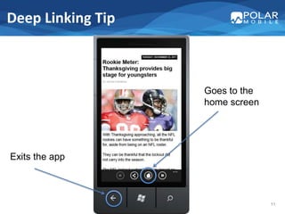 Deep Linking Tip



                   Goes to the
                   home screen




Exits the app



                                 11
 