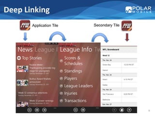 Deep Linking
       Application Tile   Secondary Tile




                                           9
 