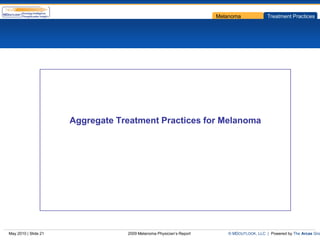 Melanoma             Treatment Practices




                      Aggregate Treatment Practices for Melanoma




May 2010 | Slide 21               2009 Melanoma Physician’s Report      © MDOUTLOOK, LLC | Powered by The Arcas Gro
 