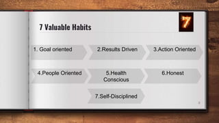 7 Valuable Habits
1. Goal oriented 2.Results Driven 3.Action Oriented
8
4.People Oriented 5.Health
Conscious
6.Honest
7.Self-Disciplined
 