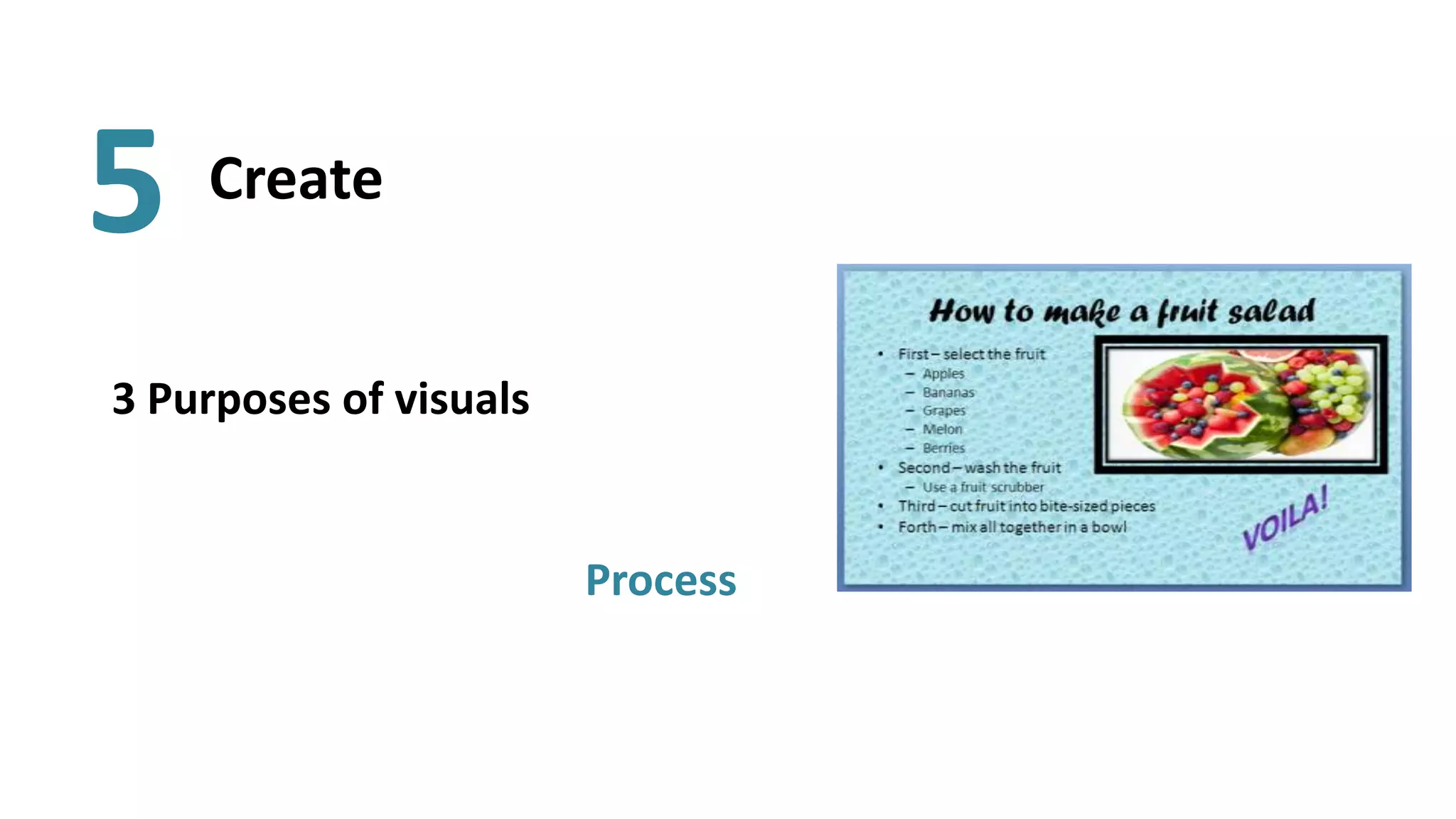 5   Create


3 Purposes of visuals


                        Process
 