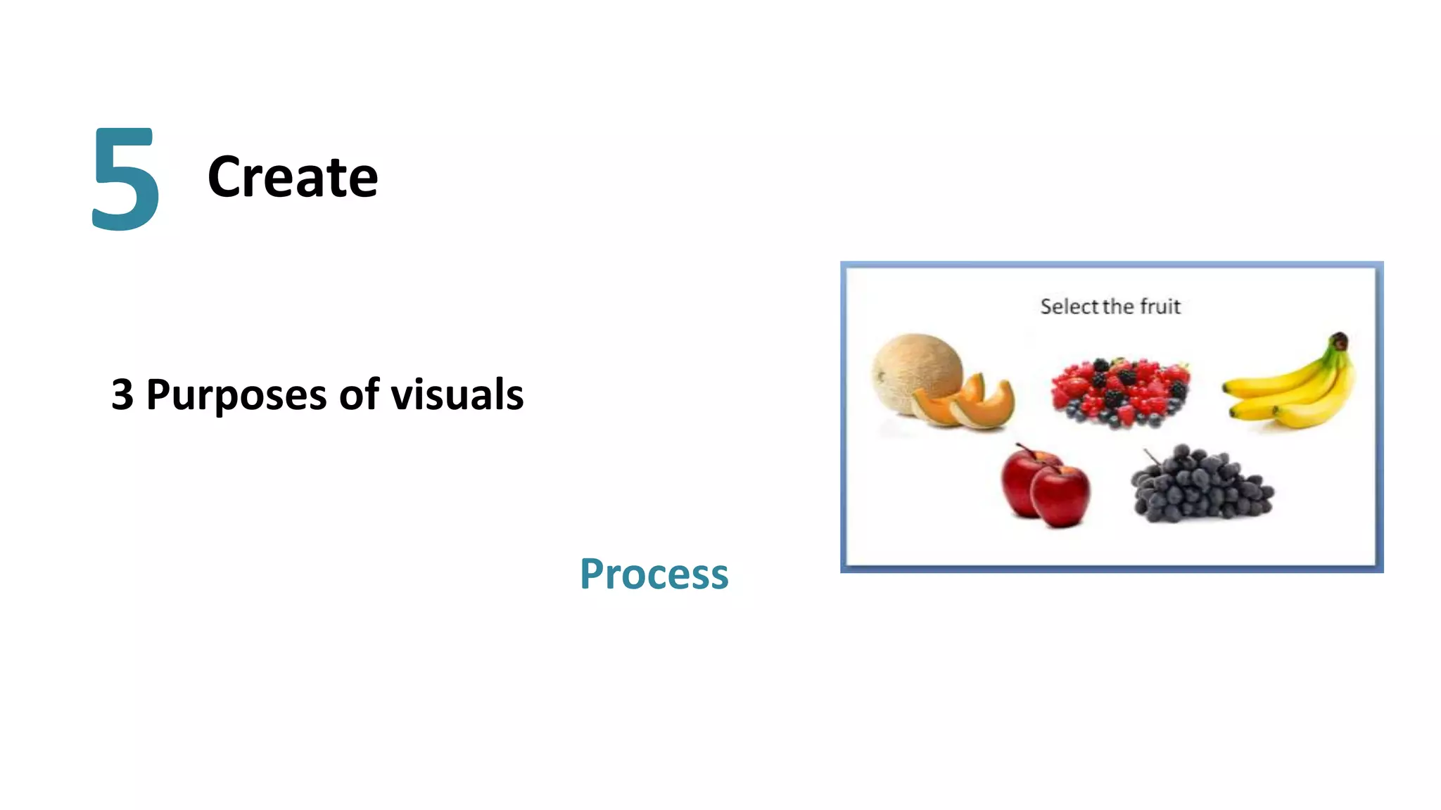 5   Create


3 Purposes of visuals


                        Process
 