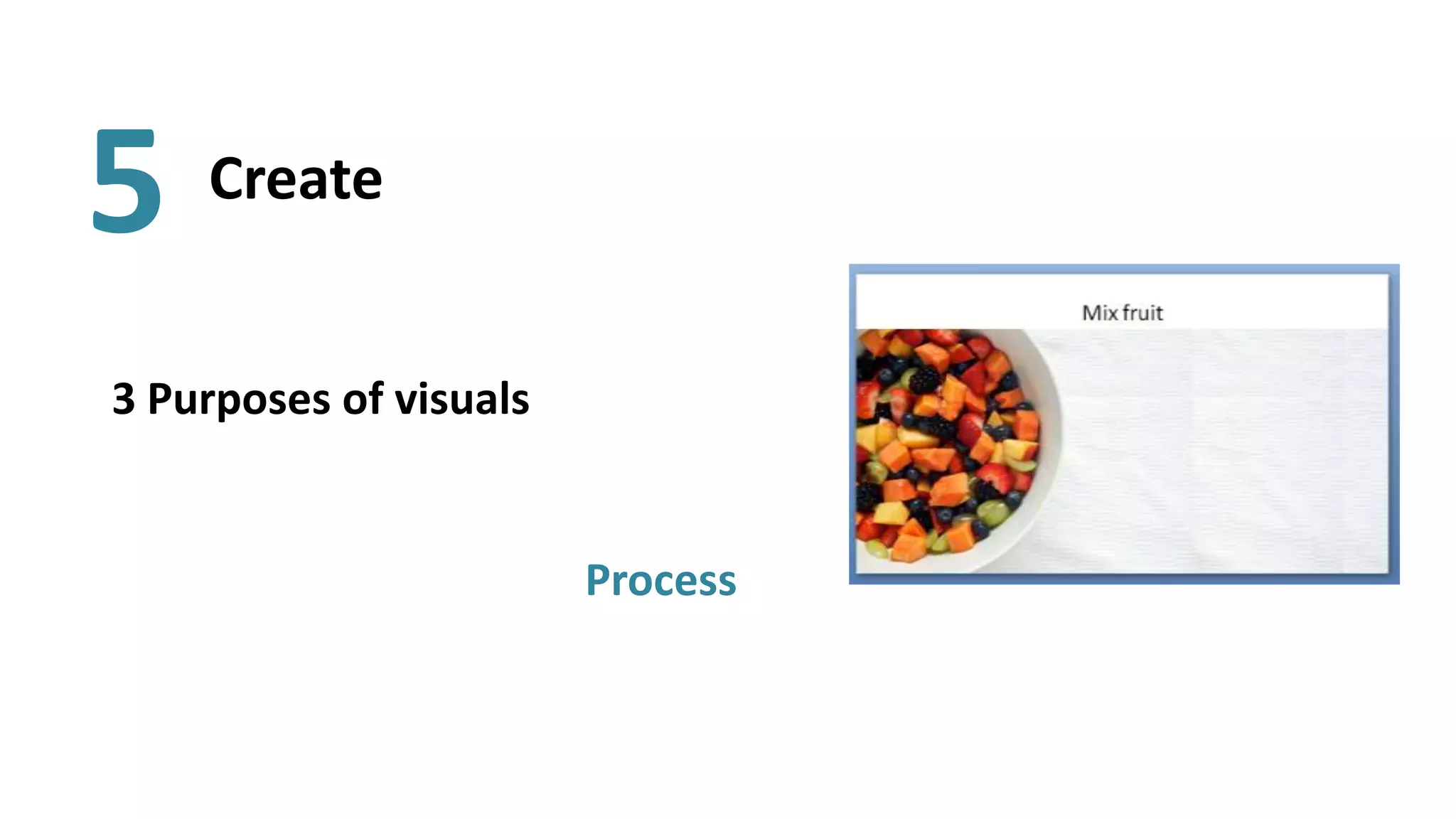 5   Create


3 Purposes of visuals


                        Process
 