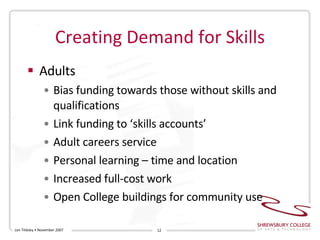 Creating Demand for Skills Adults Bias funding towards those without skills and qualifications Link funding to ‘skills accounts’ Adult careers service Personal learning – time and location Increased full-cost work Open College buildings for community use Len Tildsley • November 2007 