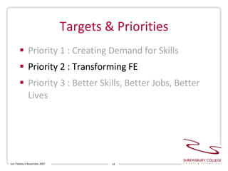 Targets & Priorities Priority 1 : Creating Demand for Skills Priority 2 : Transforming FE Priority 3 : Better Skills, Better Jobs, Better Lives Len Tildsley • November 2007 
