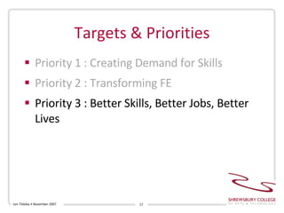 Targets & Priorities Priority 1 : Creating Demand for Skills Priority 2 : Transforming FE Priority 3 : Better Skills, Better Jobs, Better Lives Len Tildsley • November 2007 