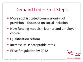 Demand Led – First Steps More sophisticated commissioning of provision – focussed on social inclusion New funding models – learner and employer choice Qualification reform Increase MLP acceptable rates FE self regulation by 2012 Len Tildsley • November 2007 