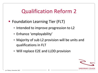 Qualification Reform 2 Foundation Learning Tier (FLT) Intended to improve progression to L2 Enhance ‘employability’ Majority of sub L2 provision will be units and qualifications in FLT Will replace E2E and LLDD provision Len Tildsley • November 2007 