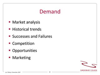 Demand Market analysis Historical trends Successes and Failures Competition Opportunities Marketing Len Tildsley • November 2007 