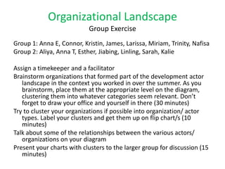 Organizational Landscape
                            Group Exercise
Group 1: Anna E, Connor, Kristin, James, Larissa, Miriam, Trinity, Nafisa
Group 2: Aliya, Anna T, Esther, Jiabing, Linling, Sarah, Kalie

Assign a timekeeper and a facilitator
Brainstorm organizations that formed part of the development actor
   landscape in the context you worked in over the summer. As you
   brainstorm, place them at the appropriate level on the diagram,
   clustering them into whatever categories seem relevant. Don’t
   forget to draw your office and yourself in there (30 minutes)
Try to cluster your organizations if possible into organization/ actor
   types. Label your clusters and get them up on flip chart/s (10
   minutes)
Talk about some of the relationships between the various actors/
   organizations on your diagram
Present your charts with clusters to the larger group for discussion (15
   minutes)
 