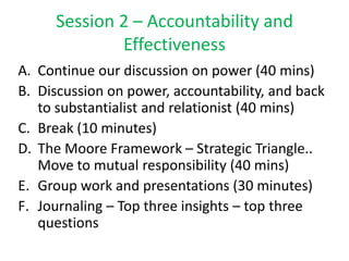 Session 2 – Accountability and
             Effectiveness
A. Continue our discussion on power (40 mins)
B. Discussion on power, accountability, and back
   to substantialist and relationist (40 mins)
C. Break (10 minutes)
D. The Moore Framework – Strategic Triangle..
   Move to mutual responsibility (40 mins)
E. Group work and presentations (30 minutes)
F. Journaling – Top three insights – top three
   questions
 