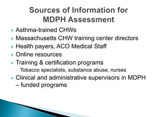 





Asthma-trained CHWs
Massachusetts CHW training center directors
Health payers, ACO Medical Staff
Online resourc...