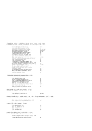 JACOBSEN, ARNE E. (COPENHAGUE, DINAMARCA 1902-1971)
AYUNTAMIENTO DE AARHUS, 1937-42 DET
AYUNTAMIENTO DE SØLLERØD, 1939-42 MP
EDIFICIO DE OFICINAS JESPERSEN, 1953-55 MP/ MC/ DET
AYUNTAMIENTO DE RØDOVRE, 1954-56 MP/MC/DET
HOTEL SAS, COPENHAGUE, 1955-60 MP/ DET
ESCUELA MUNKEGARDS, HELLERUP
, 1948-57 MP
FÁBRICA CHRISTENSEN, AALBORG, 1956 MC
CASAS-PATIO CARLSMINDE, SØLLERØD, 1955 MP
CASA RÜTHWEN-JÜRGENSEN, VEDBAEK, 1956 MP
CASA SIESBY, VIRUM, 1957 MP/MC
VIVIENDAS EN ORNEGARDSVEJ 22-50, GENTOFTE, 1957 MC
CASA JENSEN, GENTOFTE, 1956 MP
CASA, STATSLANSHUS, 1958 MP
CASAS, EXPOSICIÓN “INTERBAU”, BERLÍN, 1957 MP
CASAS PATIO, BELLEVUE, KLAMPENBORG, 1960-61 MP
PALACIO DE DEPORTES LANSDKRONA, SUECIA, 1957-64 MP
ESCUELA NYGARD, RØDOVRE, 1959-64 MC/DET
OFICINAS-SEDE, HAMBURGO, 1962-69 MP
SALA EXPOSICIONES, PARQUE HERRENHAUSEN,
HANNOVER, 1964-65 MC
ST. CATHERINE’S COLLEGE, OXFORD, 1959-64 DET
BANCO NACIONAL DE DINAMARCA, 1961-71 DET
VIVIENDAS KUBERFLEX, 1969-70 MP
EIRMANN, EGON (ALEMANIA 1904-1970)
CASA GRAF ARDENBERG, 1954 MP
PROYECTO ESTADIO DEPORTIVO, 1954 MP
EDIFICIO LEBENSVERSICHERUNGS-AG, 1955-57 MP
INTERNATIONALE BAUAUSTELLUNG,1957 MP
PABELLÓN ALEMÁN EN BRUSELAS, 1958 MC
EMBAJADA ALEMANA EN WASHINGTON, 1958-64 DET
CASA BADEN-BADEN, 1959-62 MP
EDIFICIO OFICINAS IBM, PROYECTO 1965-66 MC
TERRAGNI, GIUSEPPE (ITALIA 1904-1943)
CASA DEL FACIO, COMO, 1932-35 MC/ DET
EAMES, CHARLES (ST. LOUIS MISSOURI, 1907-1978) RAY EAMES (1912-1988)
CASA EAMES, PACIFIC PALISADES, CALIFORNIA, 1949 MC
JOHNSON, PHILIP (OHIO 1906-)
CASA FREESTANDING, 1941 MP
CASA ASH. STREET, 1941-42 MP
CASA ONETO, 1949-51 MP
CASA RICHARDS, 1950 MP
SAARINEN, EERO ( FINLANDIA 1910-1961)
GENERAL MOTORS, WARREN, MICHIGAN, 1948-56 DET
CENTRO IBM, ROCHESTER, MINNESOTA, EEUU MC
 