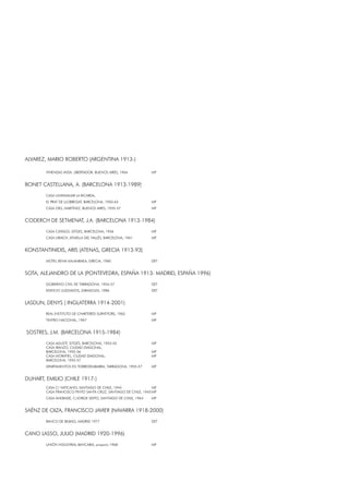 ALVAREZ, MARIO ROBERTO (ARGENTINA 1913-)
VIVIENDAS AVDA. LIBERTADOR, BUENOS AIRES, 1964 MP
BONET CASTELLANA, A. (BARCELONA 1913-1989)
CASA UNIFAMILIAR LA RICARDA,
EL PRAT DE LLOBREGAT, BARCELONA, 1950-63 MP
CASA OKS, MARTÍNEZ, BUENOS AIRES, 1955-57 MP
CODERCH DE SETMENAT, J.A. (BARCELONA 1913-1984)
CASA CATASÚS, SITGES, BARCELONA, 1956 MP
CASA URIACH, ATMELLA DEL VALLÈS, BARCELONA, 1961 MP
KONSTANTINIDIS, ARIS (ATENAS, GRECIA 1913-93)
MOTEL XENIA KALAMBAKA, GRECIA, 1960 DET
SOTA, ALEJANDRO DE LA (PONTEVEDRA, ESPAÑA 1913- MADRID, ESPAÑA 1996)
GOBIERNO CIVIL DE TARRAGONA, 1954-57 DET
EDIFICIO JUZGADOS, ZARAGOZA, 1986 DET
LASDUN, DENYS ( INGLATERRA 1914-2001)
REAL INSTITUTO DE CHARTERED SURVEYORS, 1962 MP
TEATRO NACIONAL, 1967 MP
SOSTRES, J.M. (BARCELONA 1915-1984)
CASA AGUSTÍ, SITGES, BARCELONA, 1953-55 MP
CASA IRANZO, CIUDAD DIAGONAL,
BARCELONA, 1955-56 MP
CASA MORATIEL, CIUDAD DIAGONAL, MP
BARCELONA, 1955-57
APARTAMENTOS EN TORREDEMBARRA, TARRAGONA, 1955-57 MP
DUHART, EMILIO (CHILE 1917-)
CASA C/ VATICANO, SANTIAGO DE CHILE, 1944 MP
CASA FRANCISCO PINTO SANTA CRUZ, SANTIAGO DE CHILE, 1945MP
CASA ANDRADE, C/JORGE SEXTO, SANTIAGO DE CHILE, 1964 MP
SAÉNZ DE OIZA, FRANCISCO JAVIER (NAVARRA 1918-2000)
BANCO DE BILBAO, MADRID 1977 DET
CANO LASSO, JULIO (MADRID 1920-1996)
UNIÓN INDUSTRIAL BANCARIA, proyecto 1968 MP
 