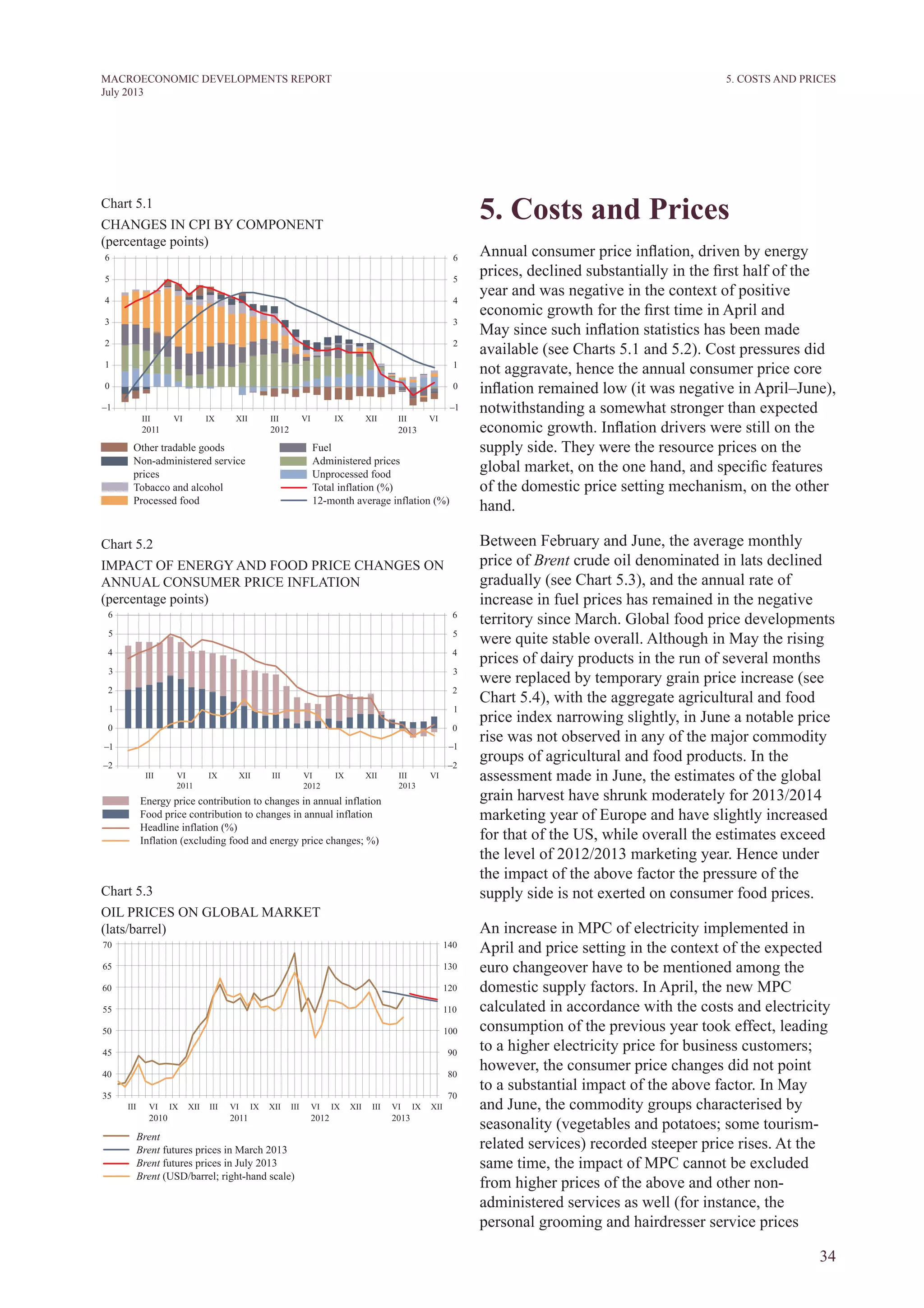 34
MACROECONOMIC DEVELOPMENTS REPORT
July 2013
5. Costs and Prices
Annual consumer price inflation, driven by energy
prices, declined substantially in the first half of the
year and was negative in the context of positive
economic growth for the first time in April and
May since such inflation statistics has been made
available (see Charts 5.1 and 5.2). Cost pressures did
not aggravate, hence the annual consumer price core
inflation remained low (it was negative in April–June),
notwithstanding a somewhat stronger than expected
economic growth. Inflation drivers were still on the
supply side. They were the resource prices on the
global market, on the one hand, and specific features
of the domestic price setting mechanism, on the other
hand.
Between February and June, the average monthly
price of Brent crude oil denominated in lats declined
gradually (see Chart 5.3), and the annual rate of
increase in fuel prices has remained in the negative
territory since March. Global food price developments
were quite stable overall. Although in May the rising
prices of dairy products in the run of several months
were replaced by temporary grain price increase (see
Chart 5.4), with the aggregate agricultural and food
price index narrowing slightly, in June a notable price
rise was not observed in any of the major commodity
groups of agricultural and food products. In the
assessment made in June, the estimates of the global
grain harvest have shrunk moderately for 2013/2014
marketing year of Europe and have slightly increased
for that of the US, while overall the estimates exceed
the level of 2012/2013 marketing year. Hence under
the impact of the above factor the pressure of the
supply side is not exerted on consumer food prices.
An increase in MPC of electricity implemented in
April and price setting in the context of the expected
euro changeover have to be mentioned among the
domestic supply factors. In April, the new MPC
calculated in accordance with the costs and electricity
consumption of the previous year took effect, leading
to a higher electricity price for business customers;
however, the consumer price changes did not point
to a substantial impact of the above factor. In May
and June, the commodity groups characterised by
seasonality (vegetables and potatoes; some tourism-
related services) recorded steeper price rises. At the
same time, the impact of MPC cannot be excluded
from higher prices of the above and other non-
administered services as well (for instance, the
personal grooming and hairdresser service prices
5. Costs and prices
Chart 5.1
CHANGES IN CPI BY COMPONENT
(percentage points)
Chart 5.2
IMPACT OF ENERGY AND FOOD PRICE CHANGES ON
ANNUAL CONSUMER PRICE INFLATION
(percentage points)
Chart 5.3
OIL PRICES ON GLOBAL MARKET
(lats/barrel)
 