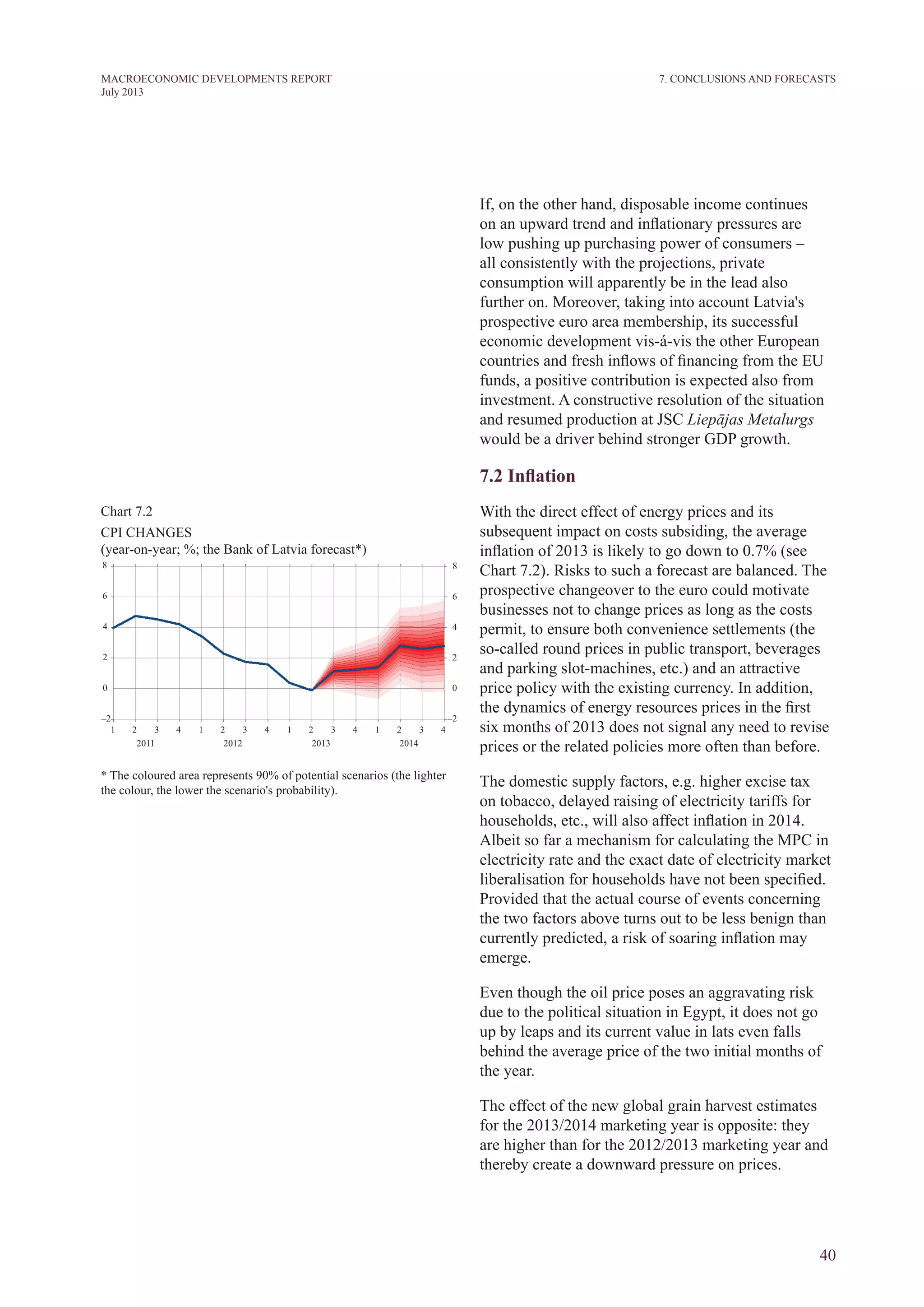 40
MACROECONOMIC DEVELOPMENTS REPORT
July 2013
If, on the other hand, disposable income continues
on an upward trend and inflationary pressures are
low pushing up purchasing power of consumers –
all consistently with the projections, private
consumption will apparently be in the lead also
further on. Moreover, taking into account Latvia's
prospective euro area membership, its successful
economic development vis-á-vis the other European
countries and fresh inflows of financing from the EU
funds, a positive contribution is expected also from
investment. A constructive resolution of the situation
and resumed production at JSC Liepājas Metalurgs
would be a driver behind stronger GDP growth.
7.2 Inflation
With the direct effect of energy prices and its
subsequent impact on costs subsiding, the average
inflation of 2013 is likely to go down to 0.7% (see
Chart 7.2). Risks to such a forecast are balanced. The
prospective changeover to the euro could motivate
businesses not to change prices as long as the costs
permit, to ensure both convenience settlements (the
so-called round prices in public transport, beverages
and parking slot-machines, etc.) and an attractive
price policy with the existing currency. In addition,
the dynamics of energy resources prices in the first
six months of 2013 does not signal any need to revise
prices or the related policies more often than before.
The domestic supply factors, e.g. higher excise tax
on tobacco, delayed raising of electricity tariffs for
households, etc., will also affect inflation in 2014.
Albeit so far a mechanism for calculating the MPC in
electricity rate and the exact date of electricity market
liberalisation for households have not been specified.
Provided that the actual course of events concerning
the two factors above turns out to be less benign than
currently predicted, a risk of soaring inflation may
emerge.
Even though the oil price poses an aggravating risk
due to the political situation in Egypt, it does not go
up by leaps and its current value in lats even falls
behind the average price of the two initial months of
the year.
The effect of the new global grain harvest estimates
for the 2013/2014 marketing year is opposite: they
are higher than for the 2012/2013 marketing year and
thereby create a downward pressure on prices.
7. Conclusions and Forecasts
Chart 7.2
CPI CHANGES
(year-on-year; %; the Bank of Latvia forecast*)
* The coloured area represents 90% of potential scenarios (the lighter
the colour, the lower the scenario's probability).
 