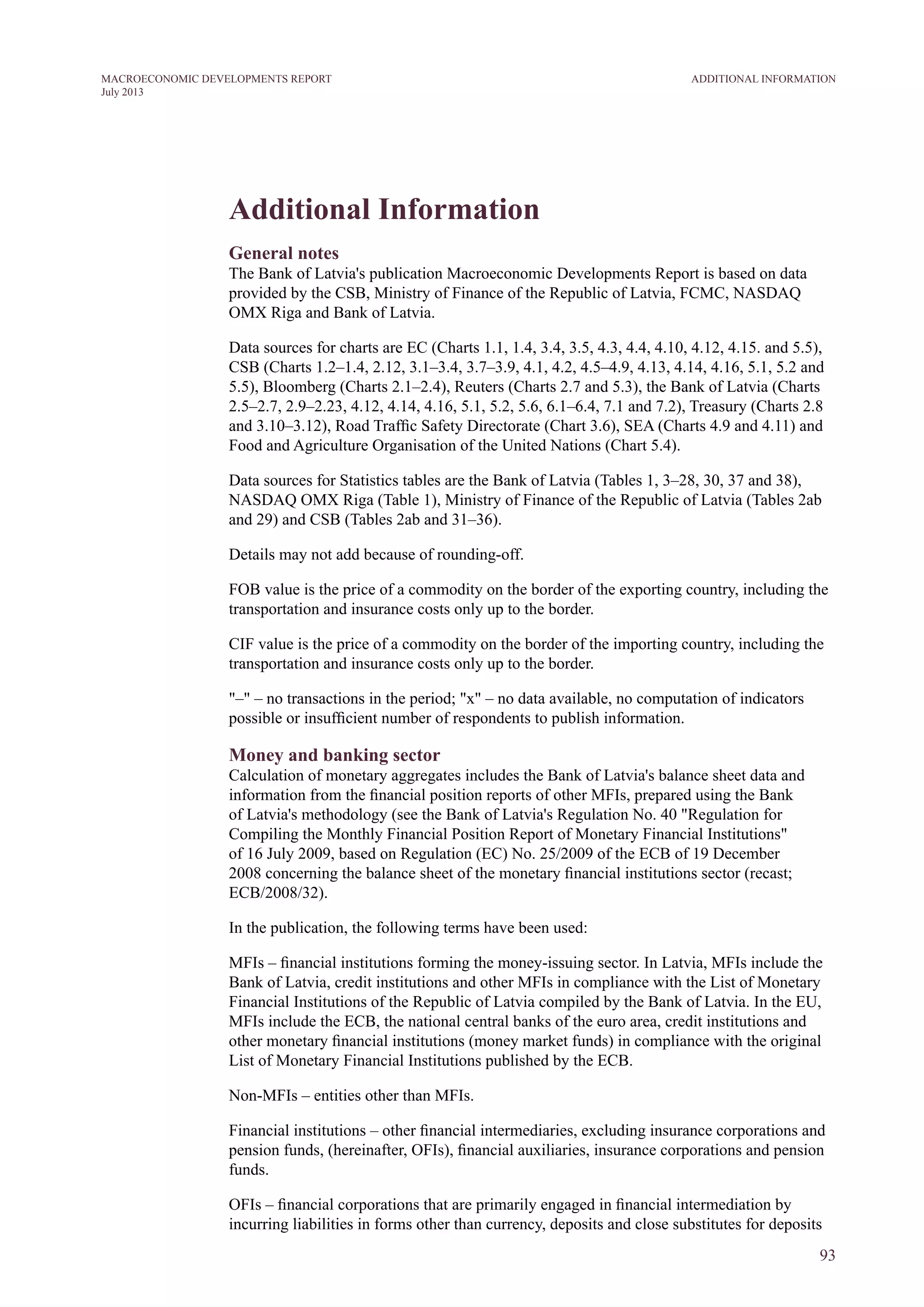 Additional Information
General notes
The Bank of Latvia's publication Macroeconomic Developments Report is based on data
provided by the CSB, Ministry of Finance of the Republic of Latvia, FCMC, NASDAQ
OMX Riga and Bank of Latvia.
Data sources for charts are EC (Charts 1.1, 1.4, 3.4, 3.5, 4.3, 4.4, 4.10, 4.12, 4.15. and 5.5),
CSB (Charts 1.2–1.4, 2.12, 3.1–3.4, 3.7–3.9, 4.1, 4.2, 4.5–4.9, 4.13, 4.14, 4.16, 5.1, 5.2 and
5.5), Bloomberg (Charts 2.1–2.4), Reuters (Charts 2.7 and 5.3), the Bank of Latvia (Charts
2.5–2.7, 2.9–2.23, 4.12, 4.14, 4.16, 5.1, 5.2, 5.6, 6.1–6.4, 7.1 and 7.2), Treasury (Charts 2.8
and 3.10–3.12), Road Traffic Safety Directorate (Chart 3.6), SEA (Charts 4.9 and 4.11) and
Food and Agriculture Organisation of the United Nations (Chart 5.4).
Data sources for Statistics tables are the Bank of Latvia (Tables 1, 3–28, 30, 37 and 38),
NASDAQ OMX Riga (Table 1), Ministry of Finance of the Republic of Latvia (Tables 2ab
and 29) and CSB (Tables 2ab and 31–36).
Details may not add because of rounding-off.
FOB value is the price of a commodity on the border of the exporting country, including the
transportation and insurance costs only up to the border.
CIF value is the price of a commodity on the border of the importing country, including the
transportation and insurance costs only up to the border.
"–" – no transactions in the period; "x" – no data available, no computation of indicators
possible or insufficient number of respondents to publish information.
money and banking sector
Calculation of monetary aggregates includes the Bank of Latvia's balance sheet data and
information from the financial position reports of other MFIs, prepared using the Bank
of Latvia's methodology (see the Bank of Latvia's Regulation No. 40 "Regulation for
Compiling the Monthly Financial Position Report of Monetary Financial Institutions"
of 16 July 2009, based on Regulation (EC) No. 25/2009 of the ECB of 19 December
2008 concerning the balance sheet of the monetary financial institutions sector (recast;
ECB/2008/32).
In the publication, the following terms have been used:
MFIs – financial institutions forming the money-issuing sector. In Latvia, MFIs include the
Bank of Latvia, credit institutions and other MFIs in compliance with the List of Monetary
Financial Institutions of the Republic of Latvia compiled by the Bank of Latvia. In the EU,
MFIs include the ECB, the national central banks of the euro area, credit institutions and
other monetary financial institutions (money market funds) in compliance with the original
List of Monetary Financial Institutions published by the ECB.
Non-MFIs – entities other than MFIs.
Financial institutions – other financial intermediaries, excluding insurance corporations and
pension funds, (hereinafter, OFIs), financial auxiliaries, insurance corporations and pension
funds.
OFIs – financial corporations that are primarily engaged in financial intermediation by
incurring liabilities in forms other than currency, deposits and close substitutes for deposits
93
ADDITIONAL INFORMATIONMACROECONOMIC DEVELOPMENTS REPORT
July 2013
 