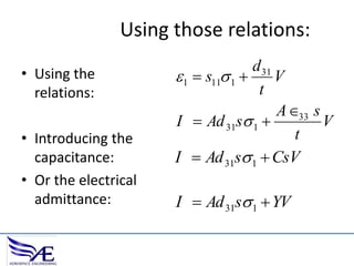Using those relations:
• Using the
relations:
• Introducing the
capacitance:
• Or the electrical
admittance:

d 31
 1  s11 1  V
t
A 33 s
I  Ad 31s 1 
V
t
I  Ad 31s 1  CsV

I  Ad 31s 1  YV

 