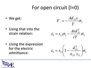 For open circuit (I=0)
• We get:
• Using that into the
strain relation:
• Using the expression
for the electric
admittance:

Ad 31s
V 
1
Y
2
31

Asd
1  s11 1 
1
tY
2

d 31 
 1
 1  s11 1 
  s 
33 11 


 