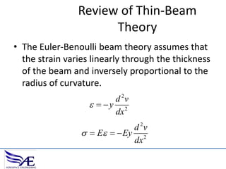 Review of Thin-Beam
Theory
• The Euler-Benoulli beam theory assumes that
the strain varies linearly through the thickness
of the beam and inversely proportional to the
radius of curvature.
d 2v
  y 2
dx
d 2v
  E   Ey 2
dx

 