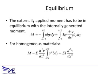 Equilibrium
• The externally applied moment has to be in
equilibrium with the internally generated
h/2
h/2
moment.
d 2v
M    bydy 
h / 2

 Ey dx

2

h/2

• For homogeneous materials:
2

h/2

d v
d 2v
2
M  E 2  y bdy  EI 2
dx h / 2
dx

bydy

 
