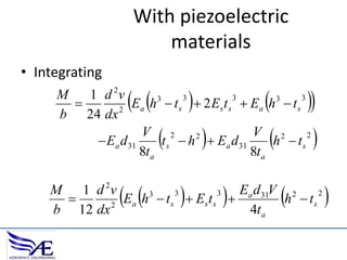 With piezoelectric
materials
• Integrating

 











M
1 d 2v
3
3
3

Ea h 3  t s  2 E s t s  Ea h 3  t s
b 24 dx 2
V 2
V 2
2
2
 Ea d 31
t s  h  Ea d 31
h  ts
8t a
8t a



 









Ea d 31V 2
M
1 d 2v
3
3
2
3

Ea h  t s  E s t s 
h  ts
2
b 12 dx
4ta



 
