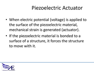 Piezoelectric Actuator
• When electric potential (voltage) is applied to
the surface of the piezoelectric material,
mechanical strain is generated (actuator).
• If the piezoelectric material is bonded to a
surface of a structure, it forces the structure
to move with it.

 