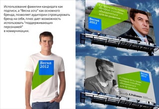 Декабрь 2011© Антон Читана, Олег Коршунов для ВМКР
РАЗРАБОТКА БРЕНДА
Кандидата в Президенты РФ Прохорова М.Д.
Возможности 15
Использование фамилии кандидата как
подписи, а “Весна 2012” как основного
бренда, позволяет аудитории спроецировать
бренд на себя, плюс дает возможность
использовать “поддерживающих
персонажей”
в коммуникации.
 