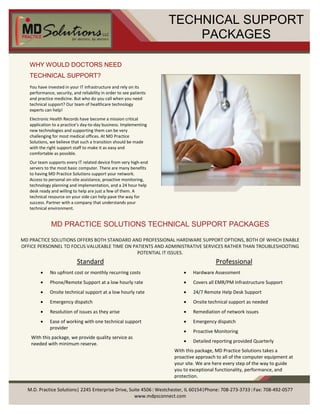 TECHNICAL SUPPORT
                                                                         PACKAGES

   WHY WOULD DOCTORS NEED
   TECHNICAL SUPPORT?
   You have invested in your IT infrastructure and rely on its
   performance, security, and reliability in order to see patients
   and practice medicine. But who do you call when you need
   technical support? Our team of healthcare technology
   experts can help!
   Electronic Health Records have become a mission critical
   application to a practice’s day-to-day business. Implementing
   new technologies and supporting them can be very
   challenging for most medical offices. At MD Practice
   Solutions, we believe that such a transition should be made
   with the right support staff to make it as easy and
   comfortable as possible.
   Our team supports every IT related device from very high-end
   servers to the most basic computer. There are many benefits
   to having MD Practice Solutions support your network.
   Access to personal on-site assistance, proactive monitoring,
   technology planning and implementation, and a 24 hour help
   desk ready and willing to help are just a few of them. A
   technical resource on your side can help pave the way for
   success. Partner with a company that understands your
   technical environment.


              MD PRACTICE SOLUTIONS TECHNICAL SUPPORT PACKAGES

MD PRACTICE SOLUTIONS OFFERS BOTH STANDARD AND PROFESSIONAL HARDWARE SUPPORT OPTIONS, BOTH OF WHICH ENABLE
OFFICE PERSONNEL TO FOCUS VALUEABLE TIME ON PATIENTS AND ADMINISTRATIVE SERVICES RATHER THAN TROUBLESHOOTING
                                              POTENTIAL IT ISSUES.
                            Standard                                                   Professional
             No upfront cost or monthly recurring costs                    Hardware Assessment
             Phone/Remote Support at a low hourly rate                     Covers all EMR/PM Infrastructure Support
             Onsite technical support at a low hourly rate                 24/7 Remote Help Desk Support
             Emergency dispatch                                            Onsite technical support as needed
             Resolution of issues as they arise                            Remediation of network issues
             Ease of working with one technical support                    Emergency dispatch
              provider
                                                                            Proactive Monitoring
    With this package, we provide quality service as
                                                                            Detailed reporting provided Quarterly
    needed with minimum reserve.
                                                                     With this package, MD Practice Solutions takes a
                                                                     proactive approach to all of the computer equipment at
                                                                     your site. We are here every step of the way to guide
                                                                     you to exceptional functionality, performance, and
                                                                     protection.

  M.D. Practice Solutions| 2245 Enterprise Drive, Suite 4506|Westchester, IL 60154|Phone: 708-273-3733|Fax: 708-492-0577
                                                    www.mdpsconnect.com
 