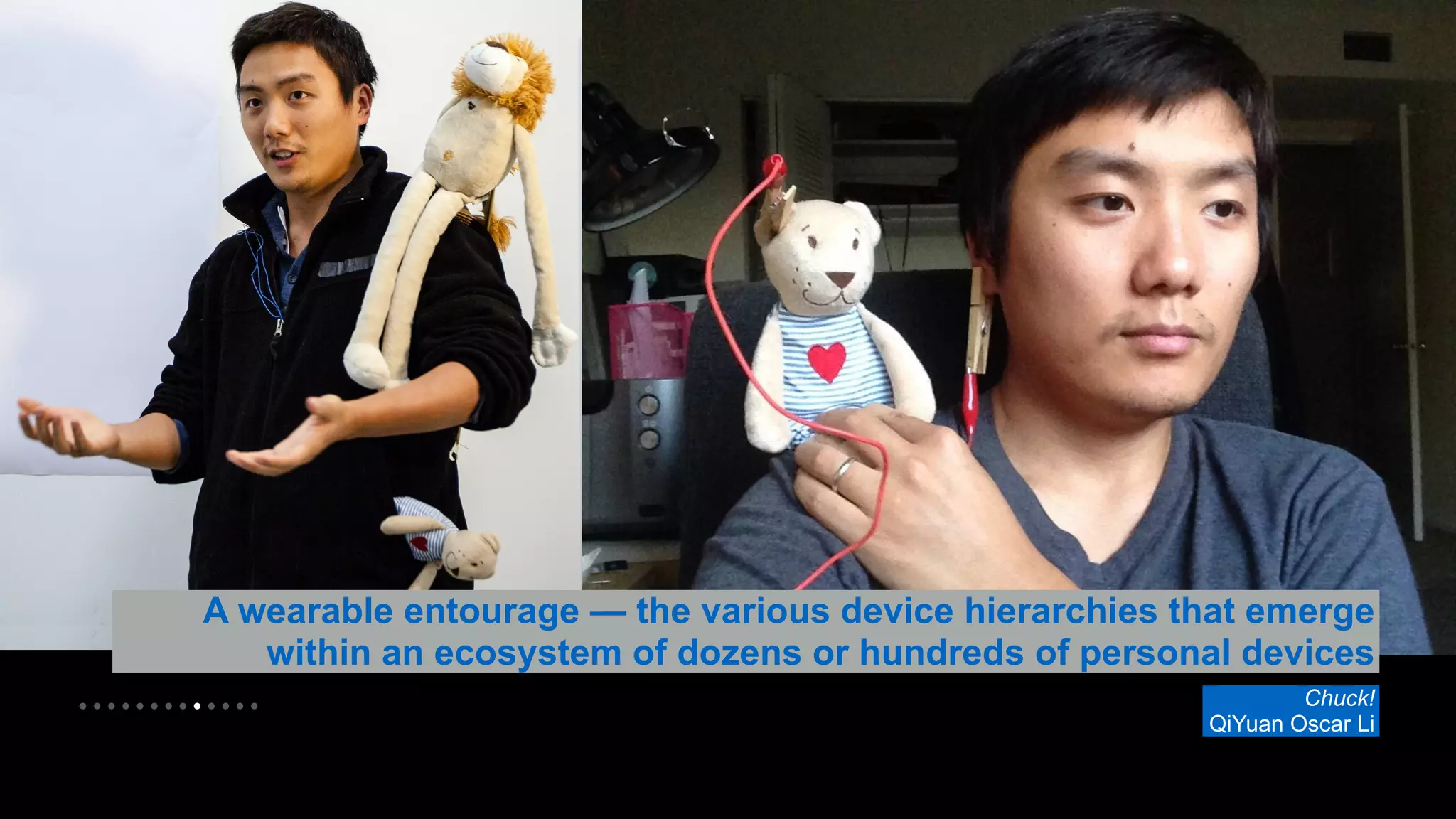 A wearable entourage — the various device hierarchies that emerge 
• • • • • • • • • • • • • 
within an ecosystem of dozens or hundreds of personal devices 
Chuck! 
QiYuan Oscar Li 
 