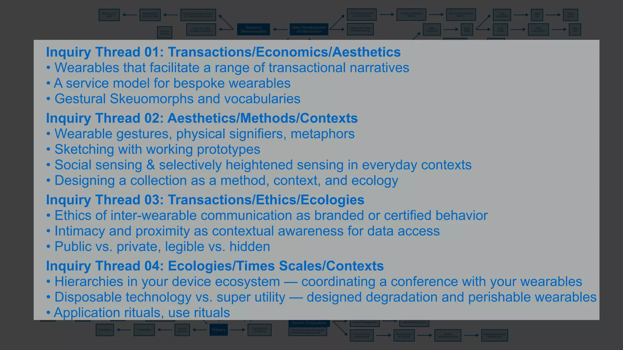 ! 
Inquiry Thread 01: Transactions/Economics/Aesthetics 
• Wearables that facilitate a range of transactional narratives 
• A service model for bespoke wearables 
• Gestural Skeuomorphs and vocabularies 
Inquiry Thread 02: Aesthetics/Methods/Contexts 
• Wearable gestures, physical signifiers, metaphors 
• Sketching with working prototypes 
• Social sensing & selectively heightened sensing in everyday contexts 
• Designing a collection as a method, context, and ecology 
Inquiry Thread 03: Transactions/Ethics/Ecologies 
• Ethics of inter-wearable communication as branded or certified behavior 
• Intimacy and proximity as contextual awareness for data access 
• Public vs. private, legible vs. hidden 
Inquiry Thread 04: Ecologies/Times Scales/Contexts 
• Hierarchies in your device ecosystem — coordinating a conference with your wearables 
• Disposable technology vs. super utility — designed degradation and perishable wearables 
• Application rituals, use rituals 
 