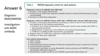 Answer 6
Diagnosis-
NMO/NMOSD
Investigation-
anti-AQP4
antibody
 