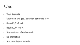 Rules
● Total 6 rounds
● Each team will get 1 question per round (I-IV)
● Round 1,3 =A to F
● Round 2,4= F to A
● Scores at end of each round
● No prompting.
● And most important rule….
 