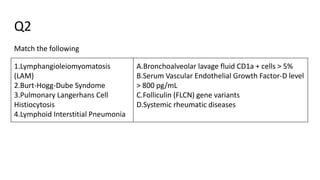 Q2
Match the following
1.Lymphangioleiomyomatosis
(LAM)
2.Burt-Hogg-Dube Syndome
3.Pulmonary Langerhans Cell
Histiocytosis
4.Lymphoid Interstitial Pneumonia
A.Bronchoalveolar lavage fluid CD1a + cells > 5%
B.Serum Vascular Endothelial Growth Factor-D level
> 800 pg/mL
C.Folliculin (FLCN) gene variants
D.Systemic rheumatic diseases
 