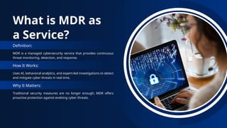 What is MDR as
a Service?
MDR is a managed cybersecurity service that provides continuous
threat monitoring, detection, an...