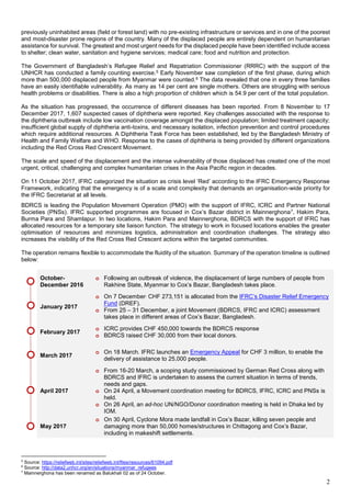 2
previously uninhabited areas (field or forest land) with no pre-existing infrastructure or services and in one of the poorest
and most-disaster prone regions of the country. Many of the displaced people are entirely dependent on humanitarian
assistance for survival. The greatest and most urgent needs for the displaced people have been identified include access
to shelter; clean water, sanitation and hygiene services; medical care; food and nutrition and protection.
The Government of Bangladesh’s Refugee Relief and Repatriation Commissioner (RRRC) with the support of the
UNHCR has conducted a family counting exercise.5 Early November saw completion of the first phase, during which
more than 500,000 displaced people from Myanmar were counted.6 The data revealed that one in every three families
have an easily identifiable vulnerability. As many as 14 per cent are single mothers. Others are struggling with serious
health problems or disabilities. There is also a high proportion of children which is 54.9 per cent of the total population.
As the situation has progressed, the occurrence of different diseases has been reported. From 8 November to 17
December 2017, 1,607 suspected cases of diphtheria were reported. Key challenges associated with the response to
the diphtheria outbreak include low vaccination coverage amongst the displaced population; limited treatment capacity;
insufficient global supply of diphtheria anti-toxins, and necessary isolation, infection prevention and control procedures
which require additional resources. A Diphtheria Task Force has been established, led by the Bangladesh Ministry of
Health and Family Welfare and WHO. Response to the cases of diphtheria is being provided by different organizations
including the Red Cross Red Crescent Movement.
The scale and speed of the displacement and the intense vulnerability of those displaced has created one of the most
urgent, critical, challenging and complex humanitarian crises in the Asia Pacific region in decades.
On 11 October 2017, IFRC categorized the situation as crisis level ‘Red’ according to the IFRC Emergency Response
Framework, indicating that the emergency is of a scale and complexity that demands an organisation-wide priority for
the IFRC Secretariat at all levels.
BDRCS is leading the Population Movement Operation (PMO) with the support of IFRC, ICRC and Partner National
Societies (PNSs). IFRC supported programmes are focused in Cox’s Bazar district in Mainnerghona7, Hakim Para,
Burma Para and Shamlapur. In two locations, Hakim Para and Mainnerghona, BDRCS with the support of IFRC has
allocated resources for a temporary site liaison function. The strategy to work in focused locations enables the greater
optimisation of resources and minimizes logistics, administration and coordination challenges. The strategy also
increases the visibility of the Red Cross Red Crescent actions within the targeted communities.
The operation remains flexible to accommodate the fluidity of the situation. Summary of the operation timeline is outlined
below:
October-
December 2016
o Following an outbreak of violence, the displacement of large numbers of people from
Rakhine State, Myanmar to Cox’s Bazar, Bangladesh takes place.
January 2017
o On 7 December, CHF 273,151 is allocated from the IFRC’s Disaster Relief Emergency
Fund (DREF).
o From 25 – 31 December, a joint Movement (BDRCS, IFRC and ICRC) assessment
takes place in different areas of Cox’s Bazar, Bangladesh.
February 2017
o ICRC provides CHF 450,000 towards the BDRCS response
o BDRCS raised CHF 30,000 from their local donors.
March 2017
o On 18 March. IFRC launches an Emergency Appeal for CHF 3 million, to enable the
delivery of assistance to 25,000 people.
April 2017
o From 16-20 March, a scoping study commissioned by German Red Cross along with
BDRCS and IFRC is undertaken to assess the current situation in terms of trends,
needs and gaps.
o On 24 April, a Movement coordination meeting for BDRCS, IFRC, ICRC and PNSs is
held.
o On 26 April, an ad-hoc UN/NGO/Donor coordination meeting is held in Dhaka led by
IOM.
May 2017
o On 30 April, Cyclone Mora made landfall in Cox’s Bazar, killing seven people and
damaging more than 50,000 homes/structures in Chittagong and Cox’s Bazar,
including in makeshift settlements.
5
Source: https://reliefweb.int/sites/reliefweb.int/files/resources/61094.pdf
6
Source: http://data2.unhcr.org/en/situations/myanmar_refugees
7
Mainnerghona has been renamed as Balukhali 02 as of 24 October.
 