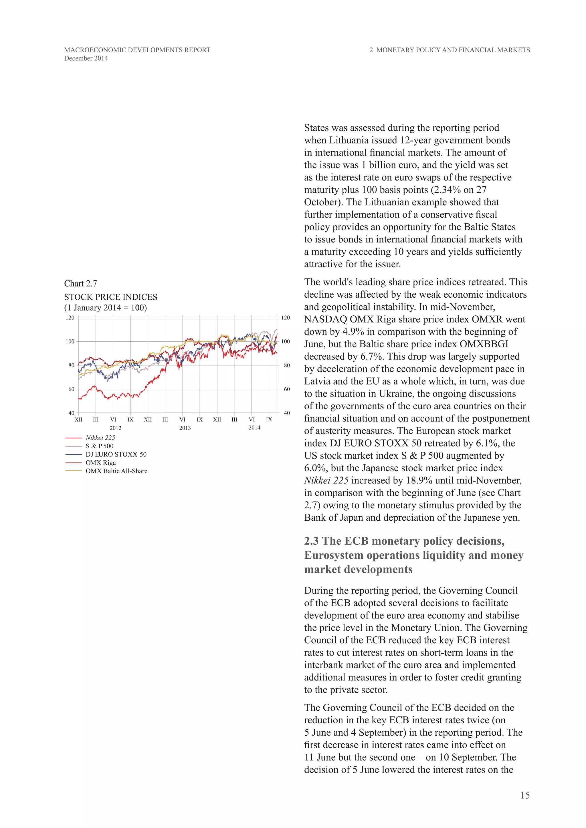 15
MACROECONOMIC DEVELOPMENTS REPORT
December 2014
States was assessed during the reporting period
when Lithuania issued 12-year government bonds
in international financial markets. The amount of
the issue was 1 billion euro, and the yield was set
as the interest rate on euro swaps of the respective
maturity plus 100 basis points (2.34% on 27
October). The Lithuanian example showed that
further implementation of a conservative fiscal
policy provides an opportunity for the Baltic States
to issue bonds in international financial markets with
a maturity exceeding 10 years and yields sufficiently
attractive for the issuer.
The world's leading share price indices retreated. This
decline was affected by the weak economic indicators
and geopolitical instability. In mid-November,
NASDAQ OMX Riga share price index OMXR went
down by 4.9% in comparison with the beginning of
June, but the Baltic share price index OMXBBGI
decreased by 3.8%. This drop was largely supported
by deceleration of the economic development pace in
Latvia and the EU as a whole which, in turn, was due
to the situation in Ukraine, the ongoing discussions
of the governments of the euro area countries on their
financial situation and on account of the postponement
of austerity measures. The European stock market
index DJ EURO STOXX 50 retreated by 6.1%, the
US stock market index S & P 500 augmented by
6.0%, but the Japanese stock market price index
Nikkei 225 increased by 18.9% until mid-November,
in comparison with the beginning of June (see Chart
2.7) owing to the monetary stimulus provided by the
Bank of Japan and depreciation of the Japanese yen.
2.3 The ECB monetary policy decisions,
Eurosystem operations liquidity and money
market developments
During the reporting period, the Governing Council
of the ECB adopted several decisions to facilitate
development of the euro area economy and stabilise
the price level in the Monetary Union. The Governing
Council of the ECB reduced the key ECB interest
rates to cut interest rates on short-term loans in the
interbank market of the euro area and implemented
additional measures in order to foster credit granting
to the private sector.
The Governing Council of the ECB decided on the
reduction in the key ECB interest rates twice (on
5 June and 4 September) in the reporting period. The
first decrease in interest rates came into effect on
11 June but the second one – on 10 September. The
decision of 5 June lowered the interest rates on the
Chart 2.7
STOCK PRICE INDICES
(1 January 2014 = 100)
2. MONETARY POLICY AND FINANCIAL MARKETS
 