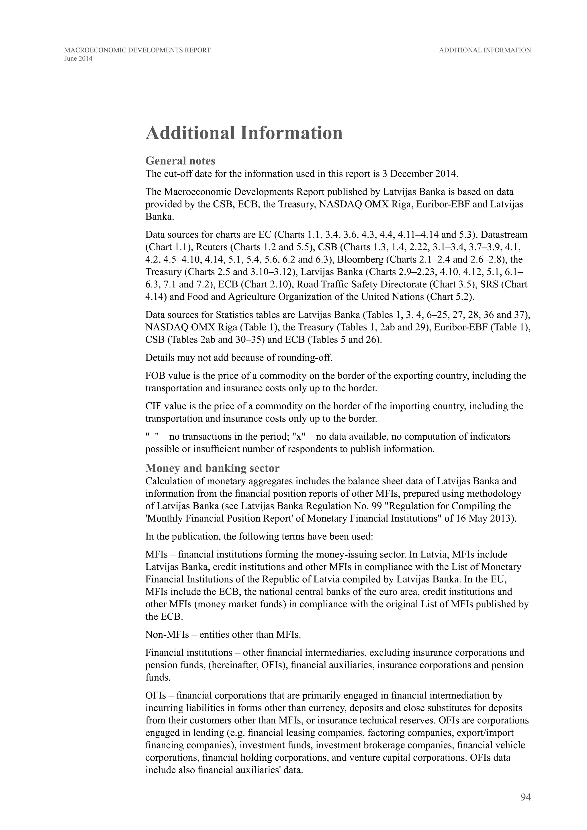 Additional Information
General notes
The cut-off date for the information used in this report is 3 December 2014.
The Macroeconomic Developments Report published by Latvijas Banka is based on data
provided by the CSB, ECB, the Treasury, NASDAQ OMX Riga, Euribor-EBF and Latvijas
Banka.
Data sources for charts are EC (Charts 1.1, 3.4, 3.6, 4.3, 4.4, 4.11–4.14 and 5.3), Datastream
(Chart 1.1), Reuters (Charts 1.2 and 5.5), CSB (Charts 1.3, 1.4, 2.22, 3.1–3.4, 3.7–3.9, 4.1,
4.2, 4.5–4.10, 4.14, 5.1, 5.4, 5.6, 6.2 and 6.3), Bloomberg (Charts 2.1–2.4 and 2.6–2.8), the
Treasury (Charts 2.5 and 3.10–3.12), Latvijas Banka (Charts 2.9–2.23, 4.10, 4.12, 5.1, 6.1–
6.3, 7.1 and 7.2), ECB (Chart 2.10), Road Traffic Safety Directorate (Chart 3.5), SRS (Chart
4.14) and Food and Agriculture Organization of the United Nations (Chart 5.2).
Data sources for Statistics tables are Latvijas Banka (Tables 1, 3, 4, 6–25, 27, 28, 36 and 37),
NASDAQ OMX Riga (Table 1), the Treasury (Tables 1, 2ab and 29), Euribor-EBF (Table 1),
CSB (Tables 2ab and 30–35) and ECB (Tables 5 and 26).
Details may not add because of rounding-off.
FOB value is the price of a commodity on the border of the exporting country, including the
transportation and insurance costs only up to the border.
CIF value is the price of a commodity on the border of the importing country, including the
transportation and insurance costs only up to the border.
"–" – no transactions in the period; "x" – no data available, no computation of indicators
possible or insufficient number of respondents to publish information.
Money and banking sector
Calculation of monetary aggregates includes the balance sheet data of Latvijas Banka and
information from the financial position reports of other MFIs, prepared using methodology
of Latvijas Banka (see Latvijas Banka Regulation No. 99 "Regulation for Compiling the
'Monthly Financial Position Report' of Monetary Financial Institutions" of 16 May 2013).
In the publication, the following terms have been used:
MFIs – financial institutions forming the money-issuing sector. In Latvia, MFIs include
Latvijas Banka, credit institutions and other MFIs in compliance with the List of Monetary
Financial Institutions of the Republic of Latvia compiled by Latvijas Banka. In the EU,
MFIs include the ECB, the national central banks of the euro area, credit institutions and
other MFIs (money market funds) in compliance with the original List of MFIs published by
the ECB.
Non-MFIs – entities other than MFIs.
Financial institutions – other financial intermediaries, excluding insurance corporations and
pension funds, (hereinafter, OFIs), financial auxiliaries, insurance corporations and pension
funds.
OFIs – financial corporations that are primarily engaged in financial intermediation by
incurring liabilities in forms other than currency, deposits and close substitutes for deposits
from their customers other than MFIs, or insurance technical reserves. OFIs are corporations
engaged in lending (e.g. financial leasing companies, factoring companies, export/import
financing companies), investment funds, investment brokerage companies, financial vehicle
corporations, financial holding corporations, and venture capital corporations. OFIs data
include also financial auxiliaries' data.
94
Additional InformationMACROECONOMIC DEVELOPMENTS REPORT
June 2014
 