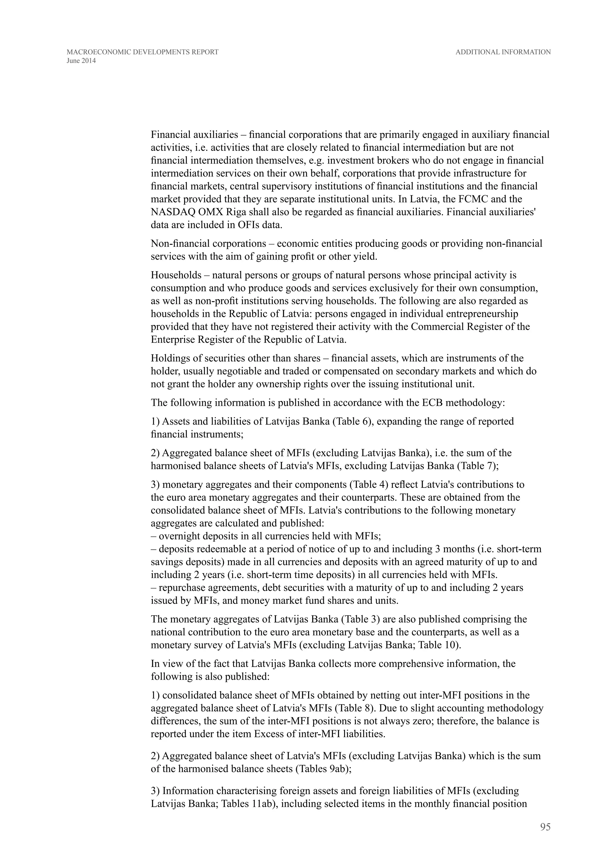 Financial auxiliaries – financial corporations that are primarily engaged in auxiliary financial
activities, i.e. activities that are closely related to financial intermediation but are not
financial intermediation themselves, e.g. investment brokers who do not engage in financial
intermediation services on their own behalf, corporations that provide infrastructure for
financial markets, central supervisory institutions of financial institutions and the financial
market provided that they are separate institutional units. In Latvia, the FCMC and the
NASDAQ OMX Riga shall also be regarded as financial auxiliaries. Financial auxiliaries'
data are included in OFIs data.
Non-financial corporations – economic entities producing goods or providing non-financial
services with the aim of gaining profit or other yield.
Households – natural persons or groups of natural persons whose principal activity is
consumption and who produce goods and services exclusively for their own consumption,
as well as non-profit institutions serving households. The following are also regarded as
households in the Republic of Latvia: persons engaged in individual entrepreneurship
provided that they have not registered their activity with the Commercial Register of the
Enterprise Register of the Republic of Latvia.
Holdings of securities other than shares – financial assets, which are instruments of the
holder, usually negotiable and traded or compensated on secondary markets and which do
not grant the holder any ownership rights over the issuing institutional unit.
The following information is published in accordance with the ECB methodology:
1) Assets and liabilities of Latvijas Banka (Table 6), expanding the range of reported
financial instruments;
2) Aggregated balance sheet of MFIs (excluding Latvijas Banka), i.e. the sum of the
harmonised balance sheets of Latvia's MFIs, excluding Latvijas Banka (Table 7);
3) monetary aggregates and their components (Table 4) reflect Latvia's contributions to
the euro area monetary aggregates and their counterparts. These are obtained from the
consolidated balance sheet of MFIs. Latvia's contributions to the following monetary
aggregates are calculated and published:
– overnight deposits in all currencies held with MFIs;
– deposits redeemable at a period of notice of up to and including 3 months (i.e. short-term
savings deposits) made in all currencies and deposits with an agreed maturity of up to and
including 2 years (i.e. short-term time deposits) in all currencies held with MFIs.
– repurchase agreements, debt securities with a maturity of up to and including 2 years
issued by MFIs, and money market fund shares and units.
The monetary aggregates of Latvijas Banka (Table 3) are also published comprising the
national contribution to the euro area monetary base and the counterparts, as well as a
monetary survey of Latvia's MFIs (excluding Latvijas Banka; Table 10).
In view of the fact that Latvijas Banka collects more comprehensive information, the
following is also published:
1) consolidated balance sheet of MFIs obtained by netting out inter-MFI positions in the
aggregated balance sheet of Latvia's MFIs (Table 8). Due to slight accounting methodology
differences, the sum of the inter-MFI positions is not always zero; therefore, the balance is
reported under the item Excess of inter-MFI liabilities.
2) Aggregated balance sheet of Latvia's MFIs (excluding Latvijas Banka) which is the sum
of the harmonised balance sheets (Tables 9ab);
3) Information characterising foreign assets and foreign liabilities of MFIs (excluding
Latvijas Banka; Tables 11ab), including selected items in the monthly financial position
95
Additional InformationMACROECONOMIC DEVELOPMENTS REPORT
June 2014
 
