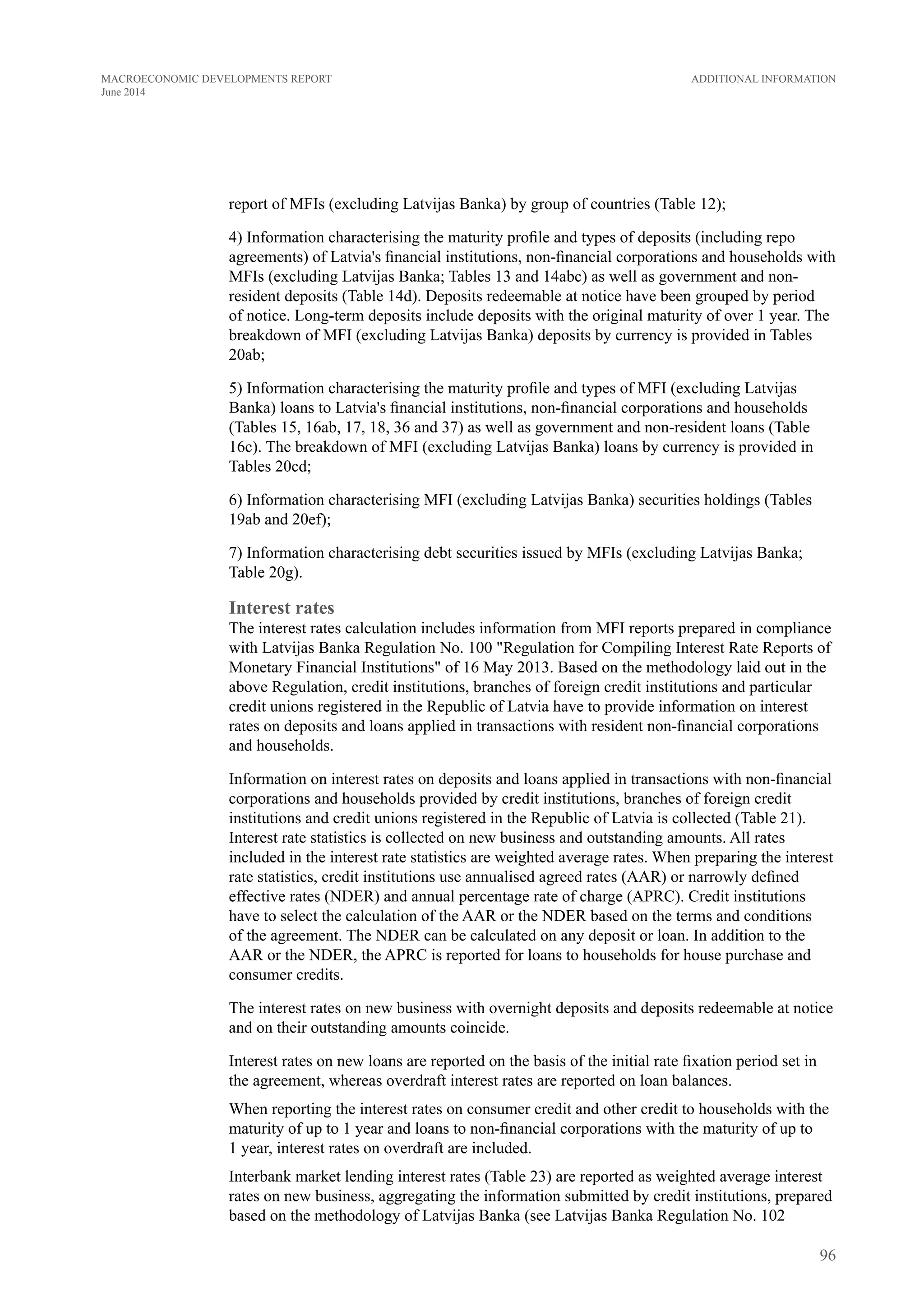 report of MFIs (excluding Latvijas Banka) by group of countries (Table 12);
4) Information characterising the maturity profile and types of deposits (including repo
agreements) of Latvia's financial institutions, non-financial corporations and households with
MFIs (excluding Latvijas Banka; Tables 13 and 14abc) as well as government and non-
resident deposits (Table 14d). Deposits redeemable at notice have been grouped by period
of notice. Long-term deposits include deposits with the original maturity of over 1 year. The
breakdown of MFI (excluding Latvijas Banka) deposits by currency is provided in Tables
20ab;
5) Information characterising the maturity profile and types of MFI (excluding Latvijas
Banka) loans to Latvia's financial institutions, non-financial corporations and households
(Tables 15, 16ab, 17, 18, 36 and 37) as well as government and non-resident loans (Table
16c). The breakdown of MFI (excluding Latvijas Banka) loans by currency is provided in
Tables 20cd;
6) Information characterising MFI (excluding Latvijas Banka) securities holdings (Tables
19ab and 20ef);
7) Information characterising debt securities issued by MFIs (excluding Latvijas Banka;
Table 20g).
Interest rates
The interest rates calculation includes information from MFI reports prepared in compliance
with Latvijas Banka Regulation No. 100 "Regulation for Compiling Interest Rate Reports of
Monetary Financial Institutions" of 16 May 2013. Based on the methodology laid out in the
above Regulation, credit institutions, branches of foreign credit institutions and particular
credit unions registered in the Republic of Latvia have to provide information on interest
rates on deposits and loans applied in transactions with resident non-financial corporations
and households.
Information on interest rates on deposits and loans applied in transactions with non-financial
corporations and households provided by credit institutions, branches of foreign credit
institutions and credit unions registered in the Republic of Latvia is collected (Table 21).
Interest rate statistics is collected on new business and outstanding amounts. All rates
included in the interest rate statistics are weighted average rates. When preparing the interest
rate statistics, credit institutions use annualised agreed rates (AAR) or narrowly defined
effective rates (NDER) and annual percentage rate of charge (APRC). Credit institutions
have to select the calculation of the AAR or the NDER based on the terms and conditions
of the agreement. The NDER can be calculated on any deposit or loan. In addition to the
AAR or the NDER, the APRC is reported for loans to households for house purchase and
consumer credits.
The interest rates on new business with overnight deposits and deposits redeemable at notice
and on their outstanding amounts coincide.
Interest rates on new loans are reported on the basis of the initial rate fixation period set in
the agreement, whereas overdraft interest rates are reported on loan balances.
When reporting the interest rates on consumer credit and other credit to households with the
maturity of up to 1 year and loans to non-financial corporations with the maturity of up to
1 year, interest rates on overdraft are included.
Interbank market lending interest rates (Table 23) are reported as weighted average interest
rates on new business, aggregating the information submitted by credit institutions, prepared
based on the methodology of Latvijas Banka (see Latvijas Banka Regulation No. 102
96
Additional InformationMACROECONOMIC DEVELOPMENTS REPORT
June 2014
 