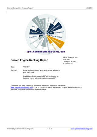 Internet Competitive Analysis Report                                                                       1/30/2011




                                                                              500 N. Michigan Ave.
                                                                              Suite 300
    Search Engine Ranking Report                                              Chicago, IL 60611
                                                                              877-710-2007

    Date:             1/30/2011

    Recipient:        In the Business edition, you can enter the address of
                      your client here.

                      In addition, all references to IBP will be deleted so
                      that your clients will not know that you use IBP.



    This report has been created by Splinternet Marketing. Visit us on the Web at
    www.SplinternetMarketing.com or call 877-710-2007 for an appointment for your personalized plan to
    dominate in the search results on Google and Bing.




Created by SplinternetMarketing.com                       1 of 29                       www.SplinternetMarketing.com
 