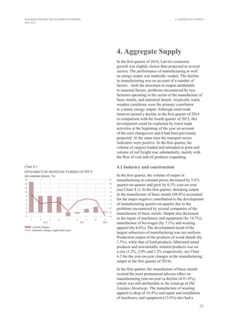 25
MACROECONOMIC DEVELOPMENTS REPORT
June 2014
4. Aggregate Supply
4. Aggregate Supply
In the first quarter of 2014, Latvia's economic
growth was slightly slower than projected in several
sectors. The performance of manufacturing as well
as energy output was markedly weaker. The decline
in manufacturing was on account of a number of
factors – both the downturn in output attributable
to seasonal factors, problems encountered by two
factories operating in the sector of the manufacture of
basic metals, and statistical details. Atypically warm
weather conditions were the primary contributor
to a minor energy output. Although retail trade
turnover posted a decline in the first quarter of 2014
in comparison with the fourth quarter of 2013, this
development could be explained by lower trade
activities at the beginning of the year on account
of the euro changeover and it had been previously
projected. At the same time the transport sector
indicators were positive. In the first quarter, the
volume of cargoes loaded and unloaded at ports and
volume of rail freight rose substantially, mainly with
the flow of coal and oil products expanding.
4.1 Industry and construction
In the first quarter, the volume of output in
manufacturing at constant prices decreased by 5.6%
quarter-on-quarter and grew by 0.3% year-on-year
(see Chart 4.1). In the first quarter, shrinking output
in the manufacture of basic metals (48.0%) accounted
for the major negative contribution to the development
of manufacturing quarter-on-quarter due to the
problems encountered by several companies of the
manufacture of basic metals. Output also decreased
in the repair of machinery and equipment (by 14.7%),
manufacture of beverages (by 7.1%) and wearing
apparel (by 6.6%). The development trend of the
largest subsectors of manufacturing was not uniform.
Production output of the products of wood shrank (by
1.5%), while that of food products, fabricated metal
products and non-metallic mineral products was on
a rise (1.2%, 2.0% and 1.2% respectively; see Chart
4.2 for the year-on-year changes in the manufacturing
output in the first quarter of 2014).
In the first quarter, the manufacture of basic metals
exerted the most pronounced adverse effect on
manufacturing year-on-year (a decline of 81.0%),
which was still attributable to the wind-up of JSC
Liepājas Metalurgs. The manufacture of wearing
apparel (a drop of 16.4%) and repair and installation
of machinery and equipment (13.6%) also had a
Chart 4.1
DYNAMICS OF MANUFACTURING OUTPUT
(at constant prices; %)
 