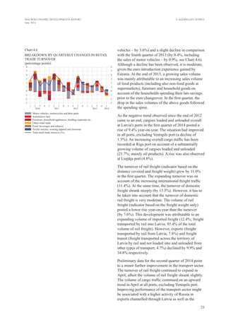 28
MACROECONOMIC DEVELOPMENTS REPORT
June 2014
vehicles – by 3.6%) and a slight decline in comparison
with the fourth quarter of 2013 (by 0.4%, including
the sales of motor vehicles – by 0.9%; see Chart 4.6).
Although a decline has been observed, it is moderate,
given the euro introduction experience gained by
Estonia. At the end of 2013, a growing sales volume
was mainly attributable to an increasing sales volume
of food products (including also non-food goods at
supermarkets), furniture and household goods on
account of the households spending their lats savings
prior to the euro changeover. In the first quarter, the
drop in the sales volumes of the above goods followed
the spending spree.
As the negative trend observed since the end of 2012
came to an end, cargoes loaded and unloaded overall
at Latvia's ports in the first quarter of 2014 posted a
rise of 9.4% year-on-year. The situation had improved
in all ports, excluding Ventspils port (a decline of
1.5%). An increasing overall cargo traffic has been
recorded at Riga port on account of a substantially
growing volume of cargoes loaded and unloaded
(21.7%; mainly oil products). A rise was also observed
at Liepāja port (4.8%).
The turnover of rail freight (indicator based on the
distance covered and freight weight) grew by 11.0%
in the first quarter. The expanding turnover was on
account of the increasing international freight traffic
(11.4%). At the same time, the turnover of domestic
freight shrank steeply (by 13.5%). However, it has to
be taken into account that the turnover of domestic
rail freight is very moderate. The volume of rail
freight (indicator based on the freight weight only)
posted a lower rise year-on-year than the turnover
(by 7.6%). This development was attributable to an
expanding volume of imported freight (12.4%; freight
transported by rail into Latvia; 85.4% of the total
volume of rail freight). However, exports (freight
transported by rail from Latvia; 7.8%) and freight
transit (freight transported across the territory of
Latvia by rail and not loaded into and unloaded from
other types of transport; 4.7%) declined by 9.9% and
34.8% respectively.
Preliminary data for the second quarter of 2014 point
to a minor further improvement in the transport sector.
The turnover of rail freight continued to expand in
April, albeit the volume of rail freight shrank slightly.
The volume of cargo traffic continued on an upward
trend in April at all ports, excluding Ventspils port.
Improving performance of the transport sector might
be associated with a higher activity of Russia in
exports channelled through Latvia as well as the
4. Aggregate Supply
Chart 4.6
BREAKDOWN BY QUARTERLY CHANGES IN RETAIL
TRADE TURNOVER
(percentage points)
 