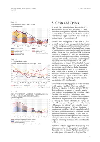 31
MACROECONOMIC DEVELOPMENTS REPORT
June 2014
5. Costs and Prices
In March 2014, annual inflation decreased to 0.3%,
while reaching 0.7% in April (see Chart 5.1). This
annual inflation dynamics depended substantially on
an impact of seasonal factors, the declining negative
contribution of supply side factors (base effect) and a
gradual impact of economic growth.
The food price developments in retail trade in Latvia
in March and April were just opposite to the dynamics
of global food prices and futures contracts (see Chart
5.2). This can be explained by both a different impact
of seasonal factors and the global supply and demand
balance. In the first three months of 2014, the seasonal
volatility of food prices in Latvia was different from
that observed usually in this period but did not imply
a change in the trend. An increase in vegetable prices
was observed in the winter months of 2013. This
mainly occurred in January 2014, while both February
and March experienced a price decline which led to
lower annual overall inflation. Global food prices
decreased somewhat in April as exports of milk in
New Zealand grew on account of an unusually long
productive season, while the demand had weakened
slightly in the major export market countries. With
weather conditions improving, concerns about the
harvest in the USA eased as well.
The contribution of energy prices to overall inflation
is still negative (see Chart 5.3), while gradually
declining as expected. In the first quarter of 2014, it
decreased mainly on account of a smaller negative
contribution of heating prices (due to the base effect).
The base effect also plays a definite role in the
dynamics of fuel prices. Although oil prices dropped
somewhat on the global market in March compared
to February, this was not reflected in the average fuel
price. Moreover, even though the price of Brent crude
oil fluctuated in a relatively narrow band in January–
April and was on average 1.9% lower than in the
previous year (see Chart 5.4), oil prices had reached
the lowest level since summer of 2011 in the second
quarter of 2013 due to temporary factors. Thus, the
negative contribution of fuel prices to inflation could
wane gradually as a result of the low base even with
oil prices remaining unchanged in the second quarter
of 2014.
Nord Pool Spot data suggest that the electricity price
for consumers who pay for electricity according to
the market price in January–April deviated from the
so called system price, as well as the price of the
Chart 5.1
CHANGES IN CPI BY COMPONENT
(percentage points)
Chart 5.2
GLOBAL FOOD PRICES
(average monthly indicator of 2002–2004 = 100)
Chart 5.3
IMPACT OF ENERGY AND FOOD PRICE CHANGES ON
ANNUAL CONSUMER PRICE INFLATION
(percentage points)
5. Costs and Prices
 
