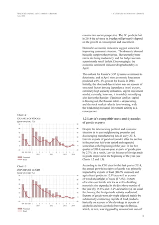 8
MACROECONOMIC DEVELOPMENTS REPORT
June 2014
construction sector perspective. The EC predicts that
in 2014 the advance in Sweden will primarily depend
on the growth in consumption and investment.
Denmark's economic indicators suggest somewhat
improving economic situation. The domestic demand
basically supports the progress. The unemployment
rate is declining moderately, and the budget records
a persistently small deficit. Discouragingly, the
economic sentiment indicator dropped notably in
April.
The outlook for Russia's GDP dynamics continued to
deteriorate, and in April most economic forecasters
predicted a 0%–1% growth for Russia in 2014.
Initially, the observed deceleration was on account of
structural factors (strong dependence on oil exports,
extremely high capacity utilisation, urgent investment
needs); currently, however, it is notably intensifying
also due to the Russian–Ukrainian conflict: capital
is flowing out, the Russian ruble is depreciating,
and the stock market value is deteriorating, with
the weakening in overall investment activity as a
consequence.
1.2 Latvia's competitiveness and dynamics
of goods exports
Despite the deteriorating political and economic
situation in its east-neighbouring countries and
discouraging manufacturing data in early 2014,
Latvia's exports of goods rebounded after the decline
in the previous half-year period and expanded
somewhat at the beginning of the year. In the first
quarter of 2014 year-on-year, exports of goods grew
by 2.3%. As a result, Latvia's balance of foreign trade
in goods improved at the beginning of the year (see
Charts 1.2 and 1.3).
According to the CSB data for the first quarter 2014,
the annual growth in exports of goods was primarily
impacted by exports of food (10.2% increase) and
agricultural products (10.9%) as well as exports
of wood and articles of wood (17.5%). Exports
of textiles and textile articles as well as building
materials also expanded in the first three months of
the year (by 15.6% and 17.2% respectively). As usual
for January, the foreign trade activity moderated.
Exports of goods were adversely affected mainly by
substantially contracting exports of food products,
basically on account of the shrinkage in exports of
alcoholic and non-alcoholic beverages to Russia,
which, in turn, was triggered by seasonal and one-off
1. External Sector and Exports
Chart 1.2
EXPORTS OF GOODS
(year-on-year; %)
Chart 1.3
IMPORTS OF GOODS
(year-on-year; %)
 