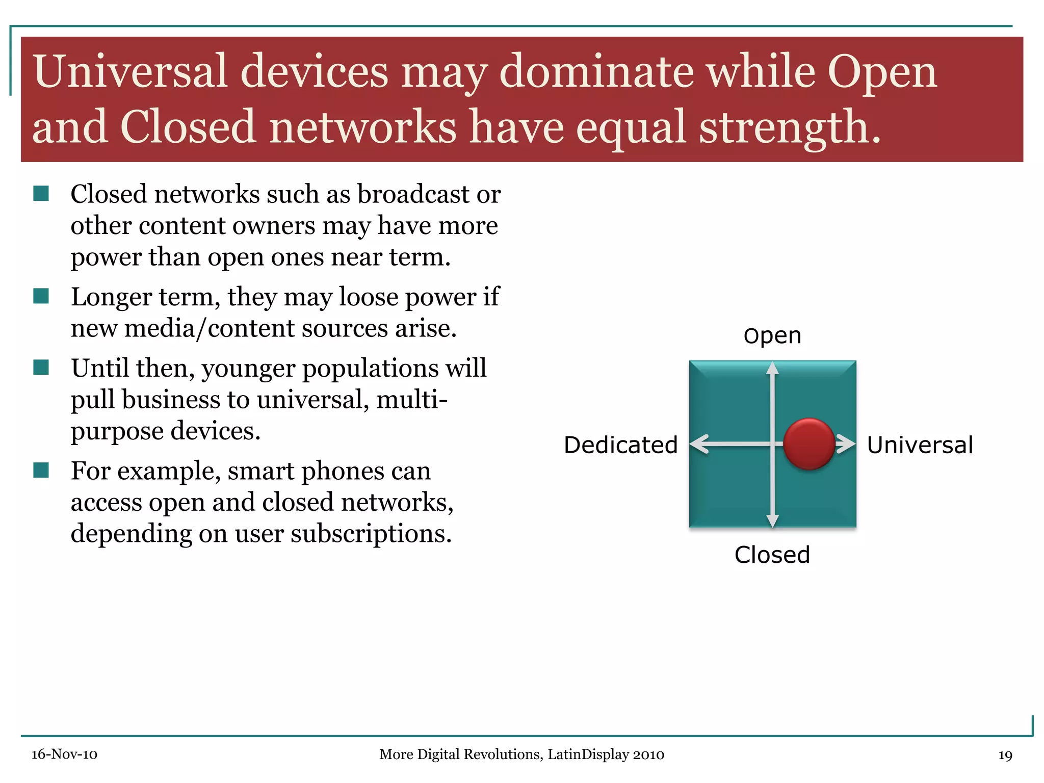 Universal devices may dominate while Open
and Closed networks have equal strength.
 Closed networks such as broadcast or
other content owners may have more
power than open ones near term.
 Longer term, they may loose power if
new media/content sources arise.
 Until then, younger populations will
pull business to universal, multi-
purpose devices.
 For example, smart phones can
access open and closed networks,
depending on user subscriptions.
Open
Universal
Closed
Dedicated
16-Nov-10 19More Digital Revolutions, LatinDisplay 2010
 